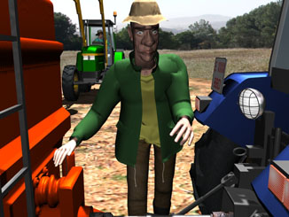 El agricultor se acerca a la parte posterior del tractor.