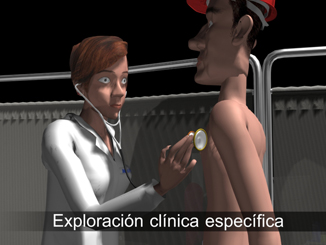 Mdica auscultando al trabajador. Exploracin clnica especfica.