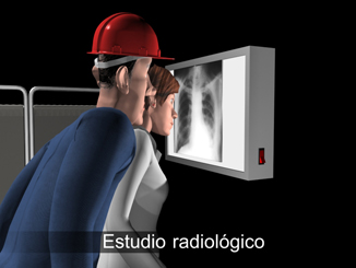 Mdica y trabajador mirando una radiografa. Estudio radiolgico.