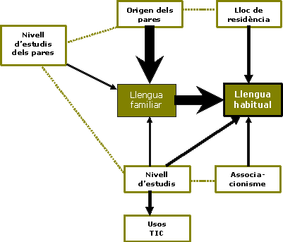 Esquema model logit (variables que influeixen en els usos lingüístics)