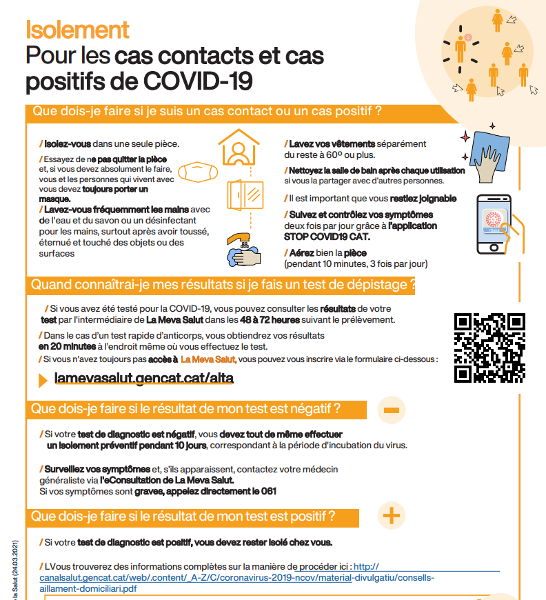 Cartell: Insolement. Pour les cas contactes et cas positifs de COVID-19