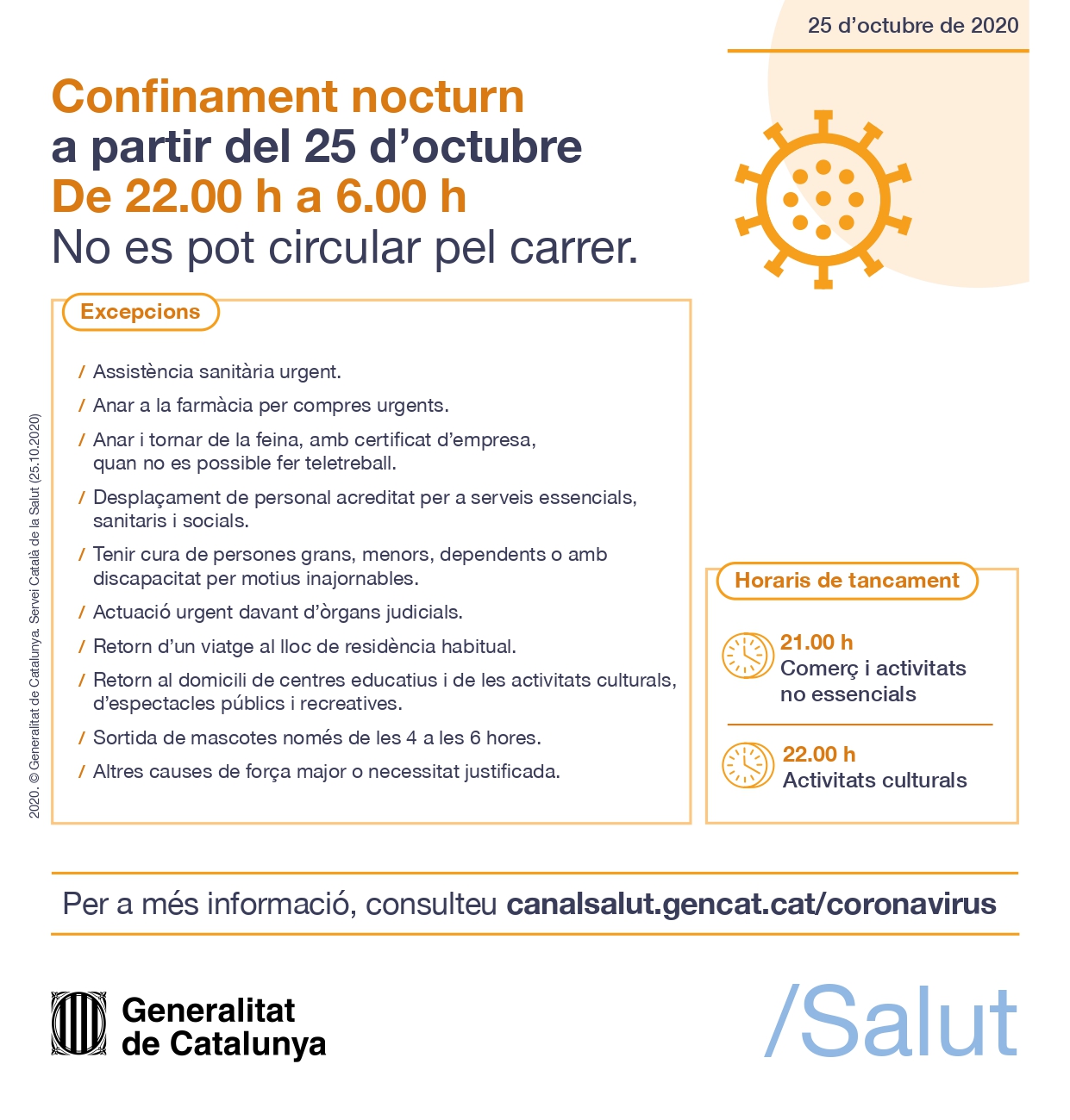 Cartell: Confinament nocturn a partir del 25 d'octubre de 22.00h a 6.00h. No es pot circular pel carrer
