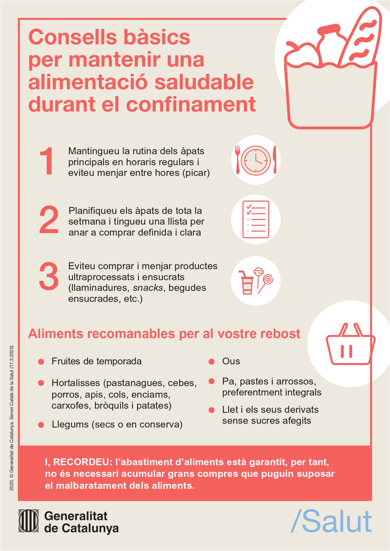 Cartell: Consells bàsics per mantenir una alimentació saludable durant el confinament