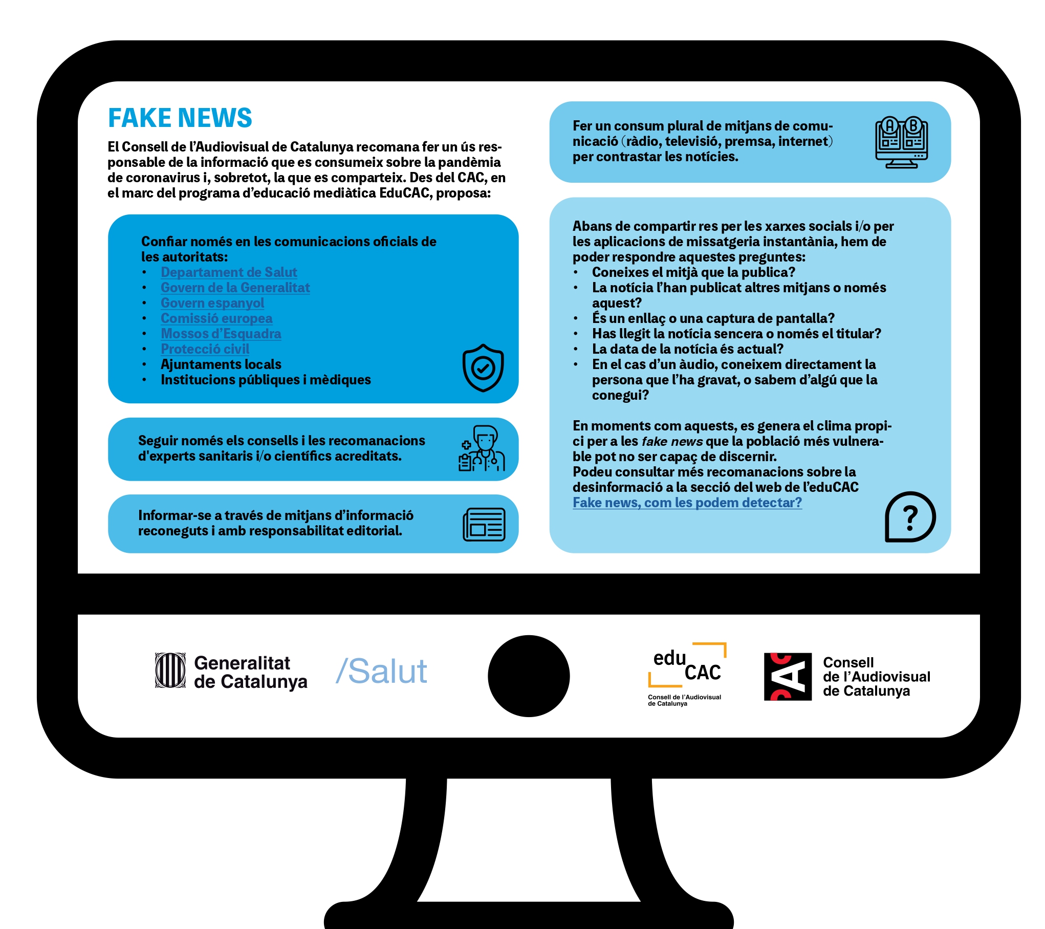 Cartell: Fake news. Generalitat de Catalunya. Salut. eduCAC. Consell de l'Audiovisual de Catalunya