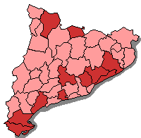 Mapa acolorit per comarques segons la participaci� del primer avan� comparada amb el 2006