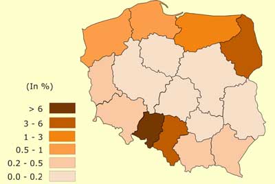 Figure 2. Non-polish nationality declared by citizens of Poland, 2002 (by provinces)